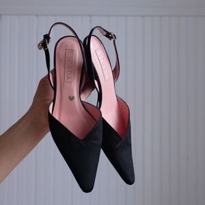 Wicked pointy Escada black satin kitten heels